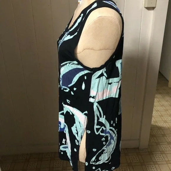 KENZO sz S Black Long Tank Top Side Slits Blue Fish - Picture 2 of 8